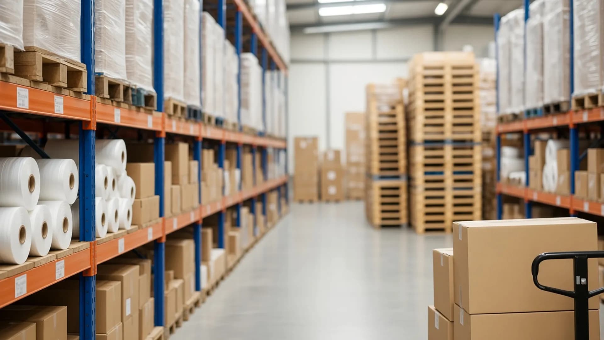 Factory warehouse with racks of plastic film rolls, cartons and pallets